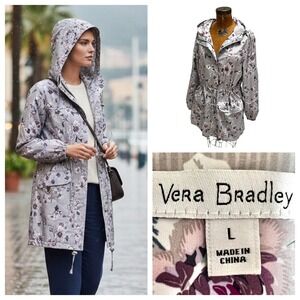 Vera Bradley Packable Raincoat Floral Gray L Hooded Water Resistant Windbreaker